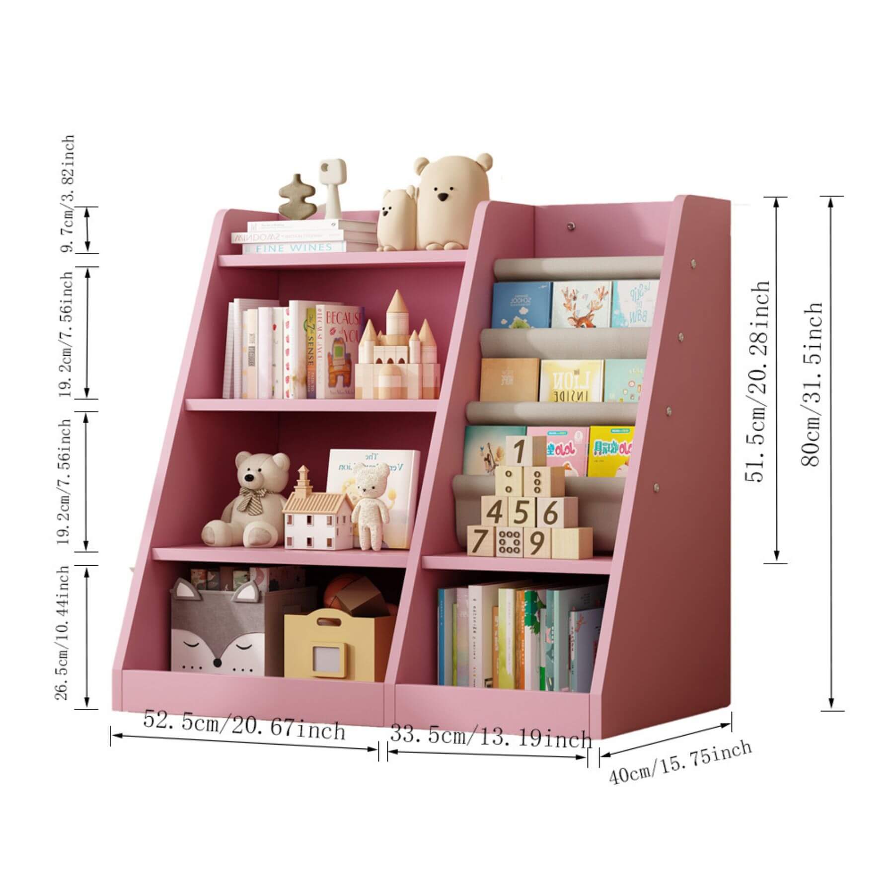 MO IM Toy Storage Organizer Kids Bookshelf - Pink with toys and books, showing dimensions on a white background