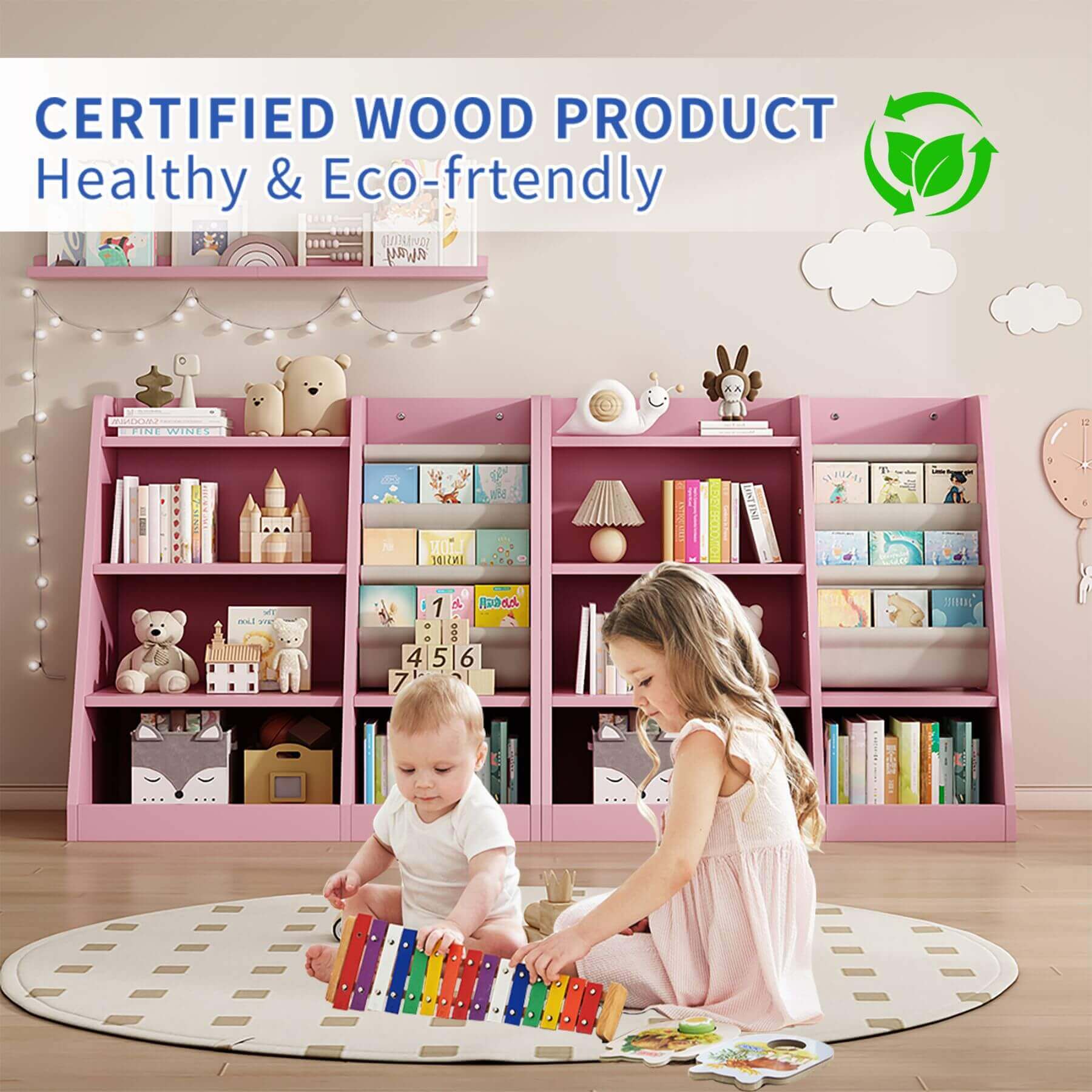 Children playing with a toy in a room with MO IM Toy Storage Organizer Kids Bookshelf - Pink, emphasizing eco-friendly and certified wood product.
