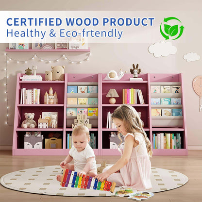 Children playing with a toy in a room with MO IM Toy Storage Organizer Kids Bookshelf - Pink, emphasizing eco-friendly and certified wood product.