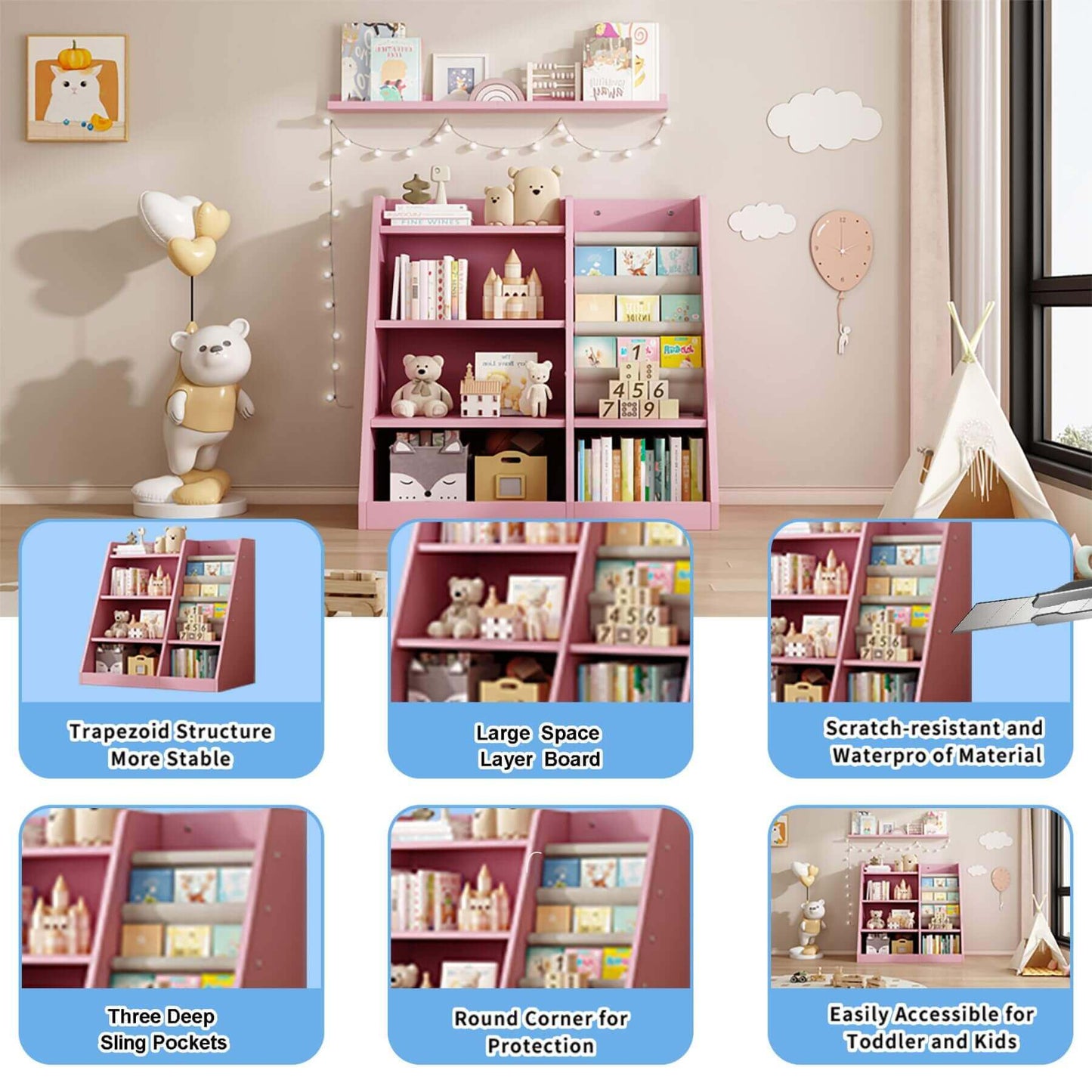 MO IM Toy Storage Organizer Kids Bookshelf - Pink with toys and books in a room setting, featuring multiple views and product features.