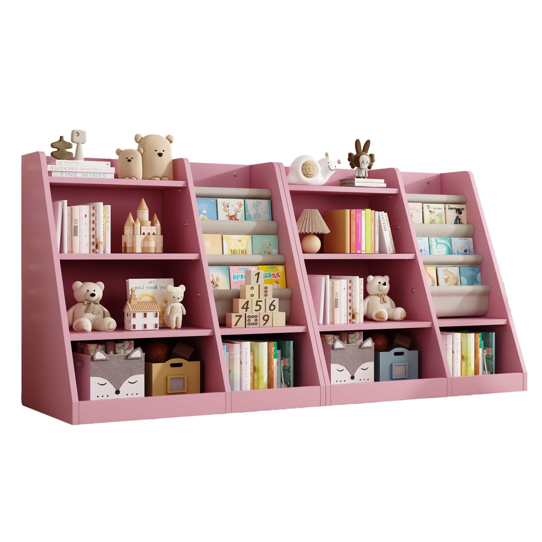 2 MO IM Toy Storage Organizer Kids Bookshelf - Pink with toys and books on a white background