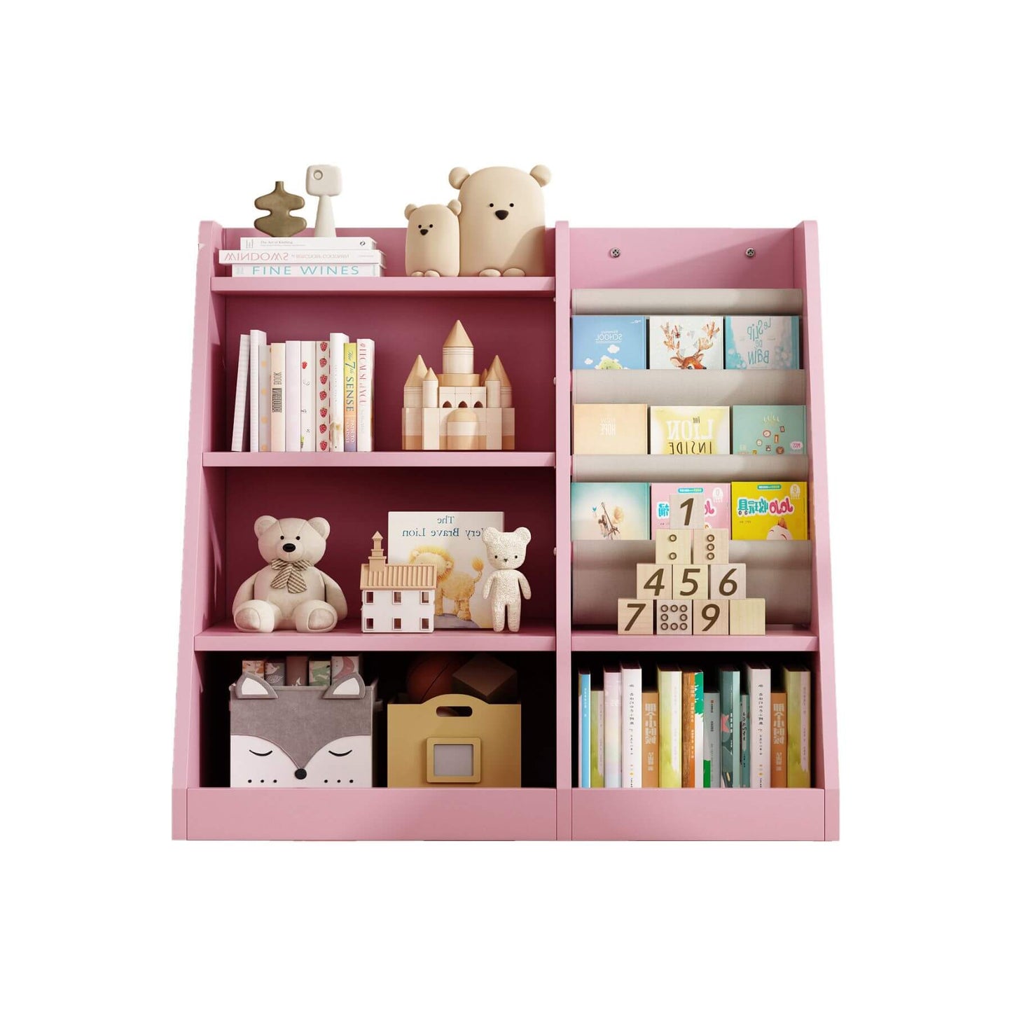 MO IM Toy Storage Organizer Kids Bookshelf - Pink with toys and books on a white background