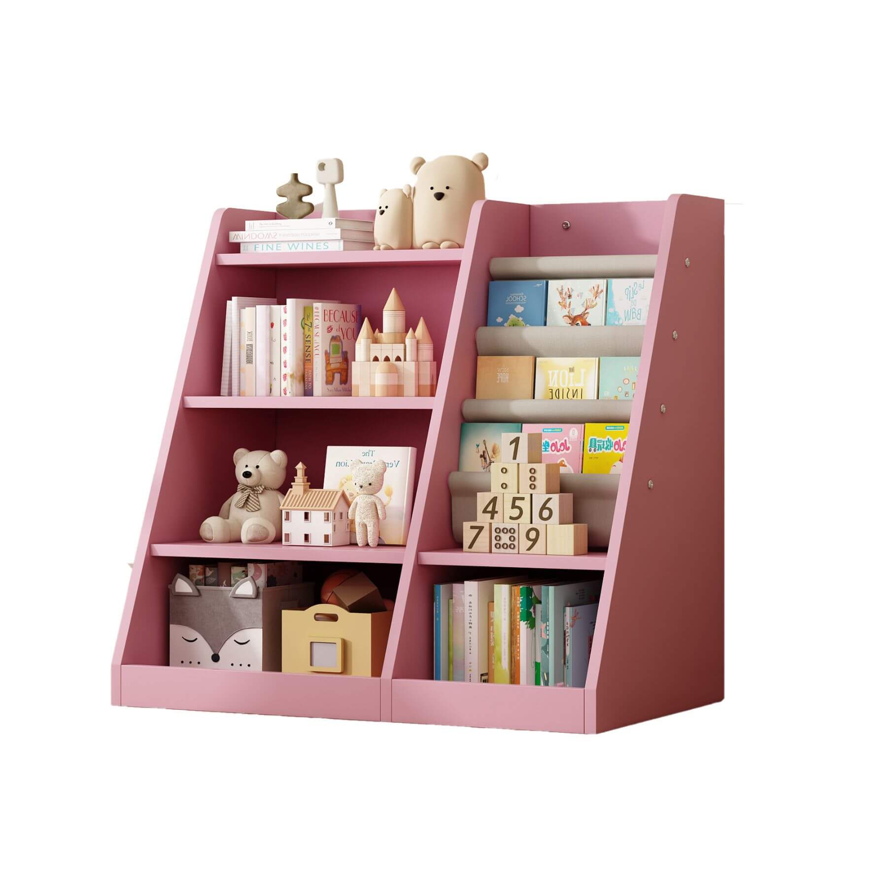 MO IM Toy Storage Organizer Kids Bookshelf - Pink with toys and books on a white background