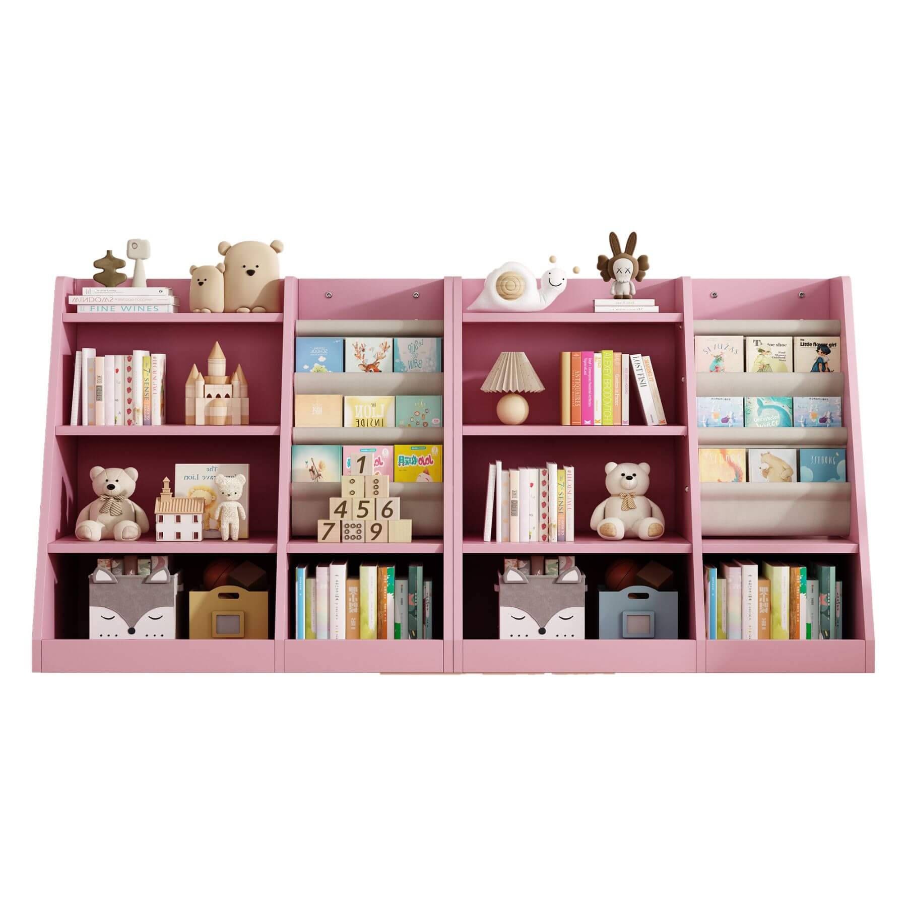 2 MO IM Toy Storage Organizer Kids Bookshelf - Pink with toys and books on a white background