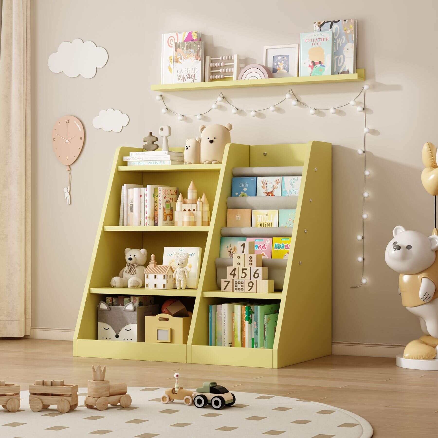 MO IM Toy Storage Organizer Kids Bookshelf - Yellow filled with books and toys in a room with decorative elements.