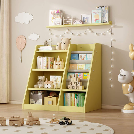 MO IM Toy Storage Organizer Kids Bookshelf - Yellow filled with books and toys in a room with decorative elements.