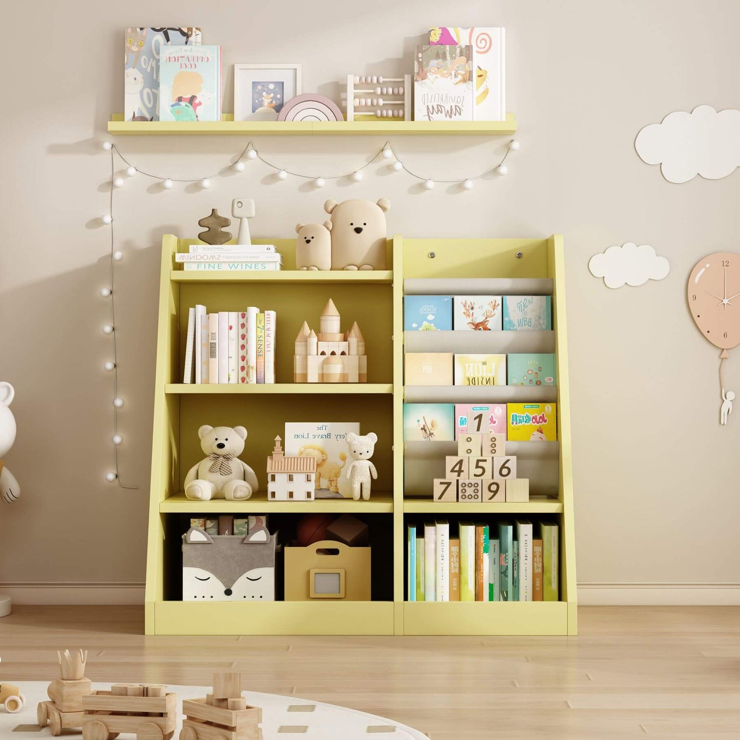 MO IM Toy Storage Organizer Kids Bookshelf - Yellow with toys and books in a child's room