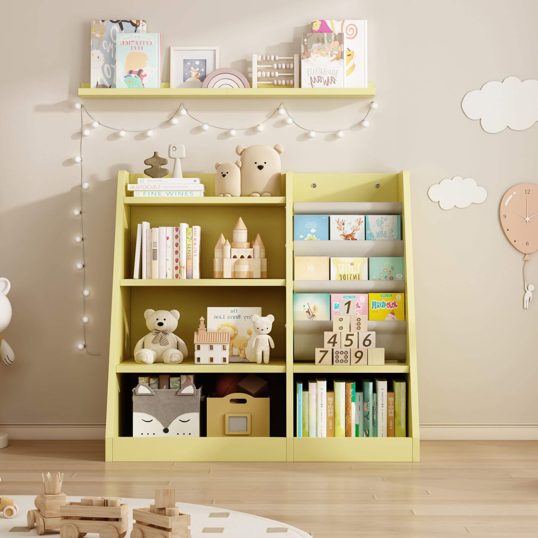 MO IM Toy Storage Organizer Kids Bookshelf - Yellow with toys and books in a child's room