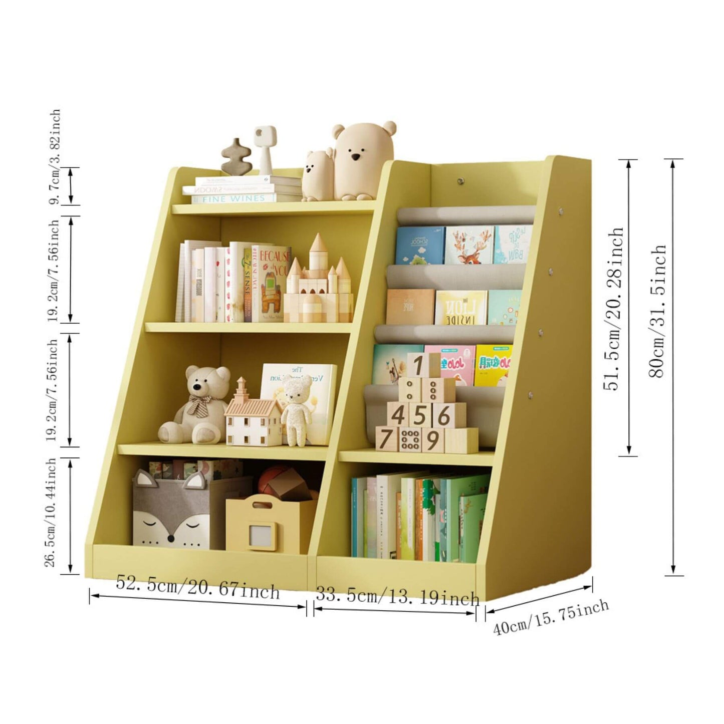 MO IM Toy Storage Organizer Kids Bookshelf - Yellow with toys and books, showing dimensions on a white background