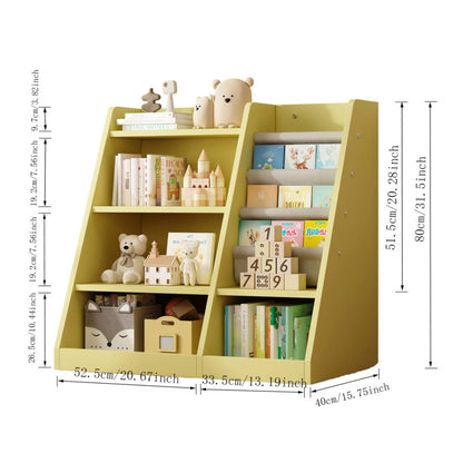 MO IM Toy Storage Organizer Kids Bookshelf - Yellow with toys and books, showing dimensions on a white background