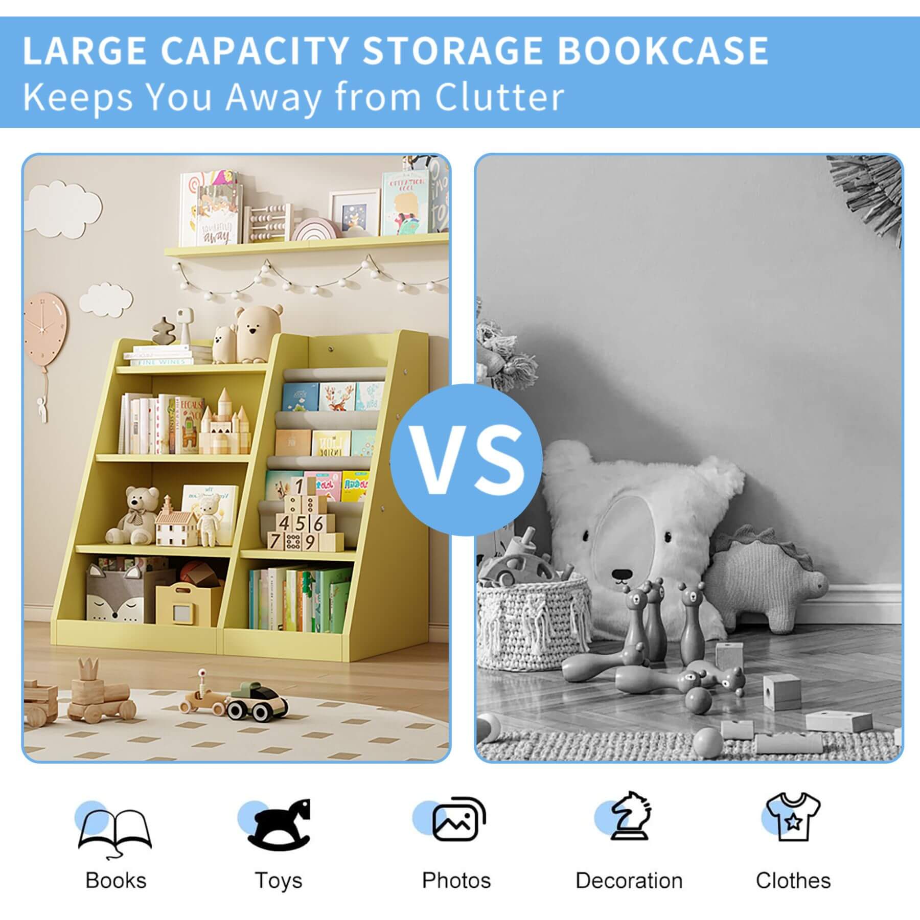 MO IM Toy Storage Organizer Kids Bookshelf - Yellow with toys and books, versus a room with toys and a basket.