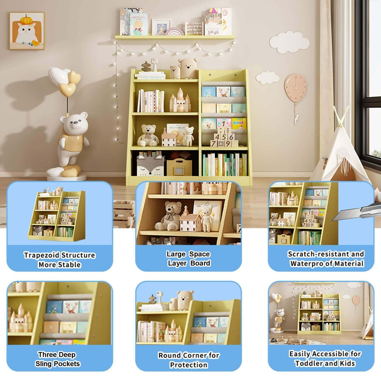 MO IM Toy Storage Organizer Kids Bookshelf - Yellow with toys and books in a room setting, featuring text highlights on design features.