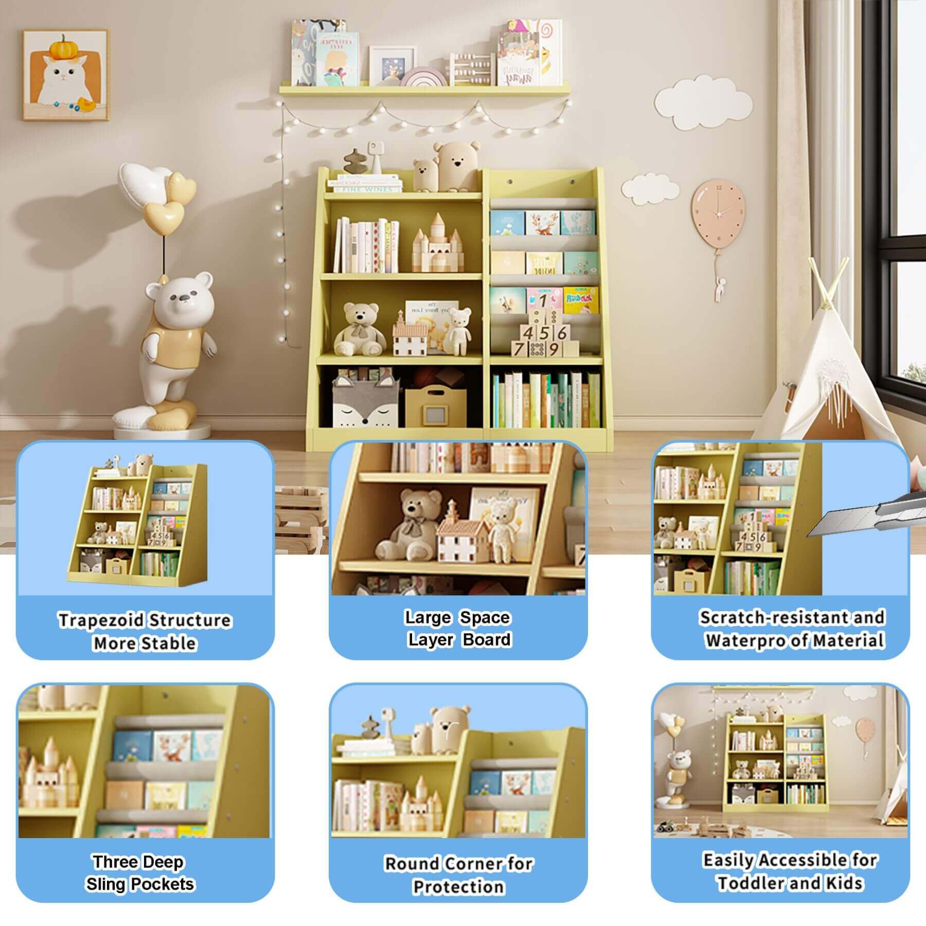 MO IM Toy Storage Organizer Kids Bookshelf - Yellow with toys and books in a room setting, featuring text highlights on design features.