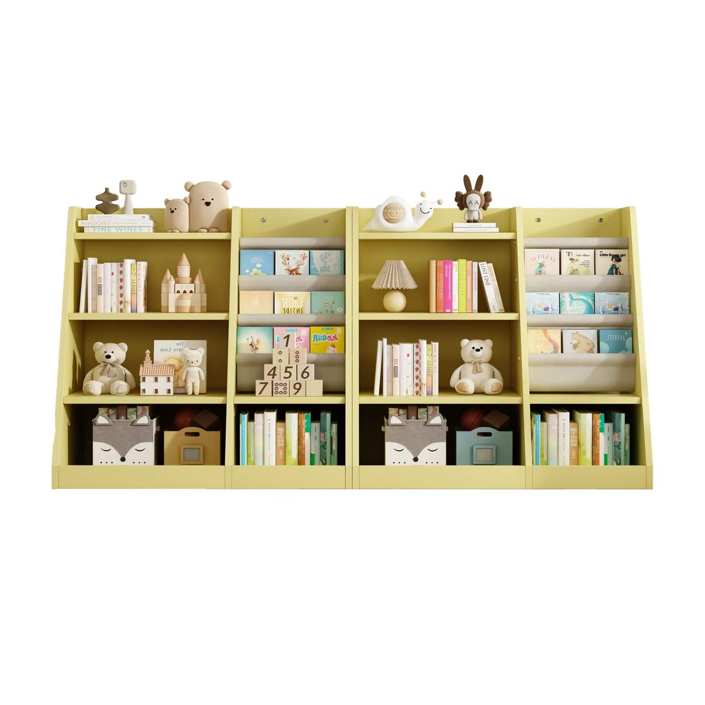 2 MO IM Toy Storage Organizer Kids Bookshelf - Yellow with various items including books and toys on a white background
