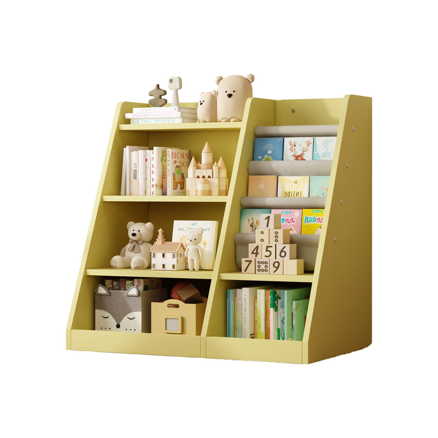 MO IM Toy Storage Organizer Kids Bookshelf - Yellow with toys and books on a white background