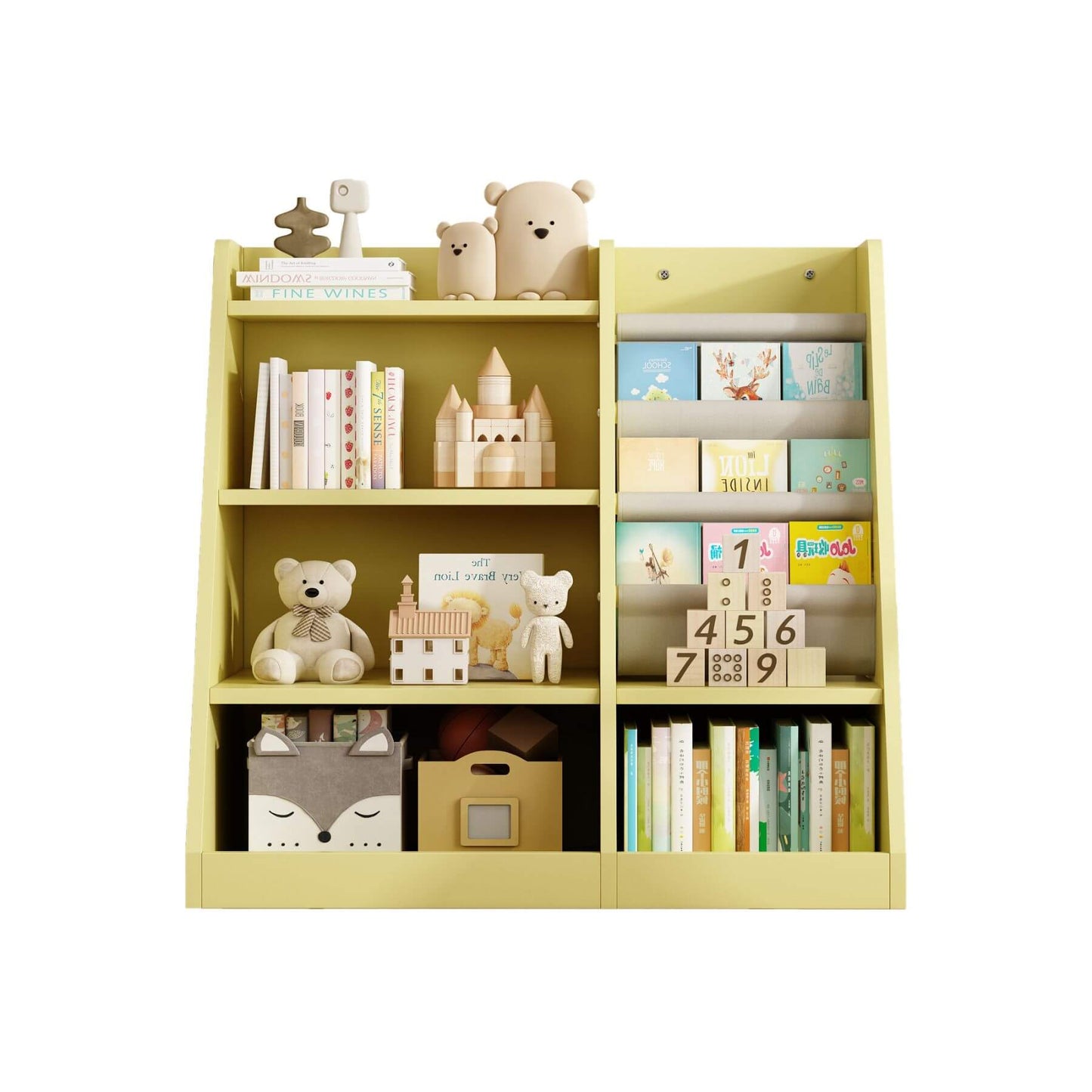MO IM Toy Storage Organizer Kids Bookshelf - Yellow with toys and books on a white background