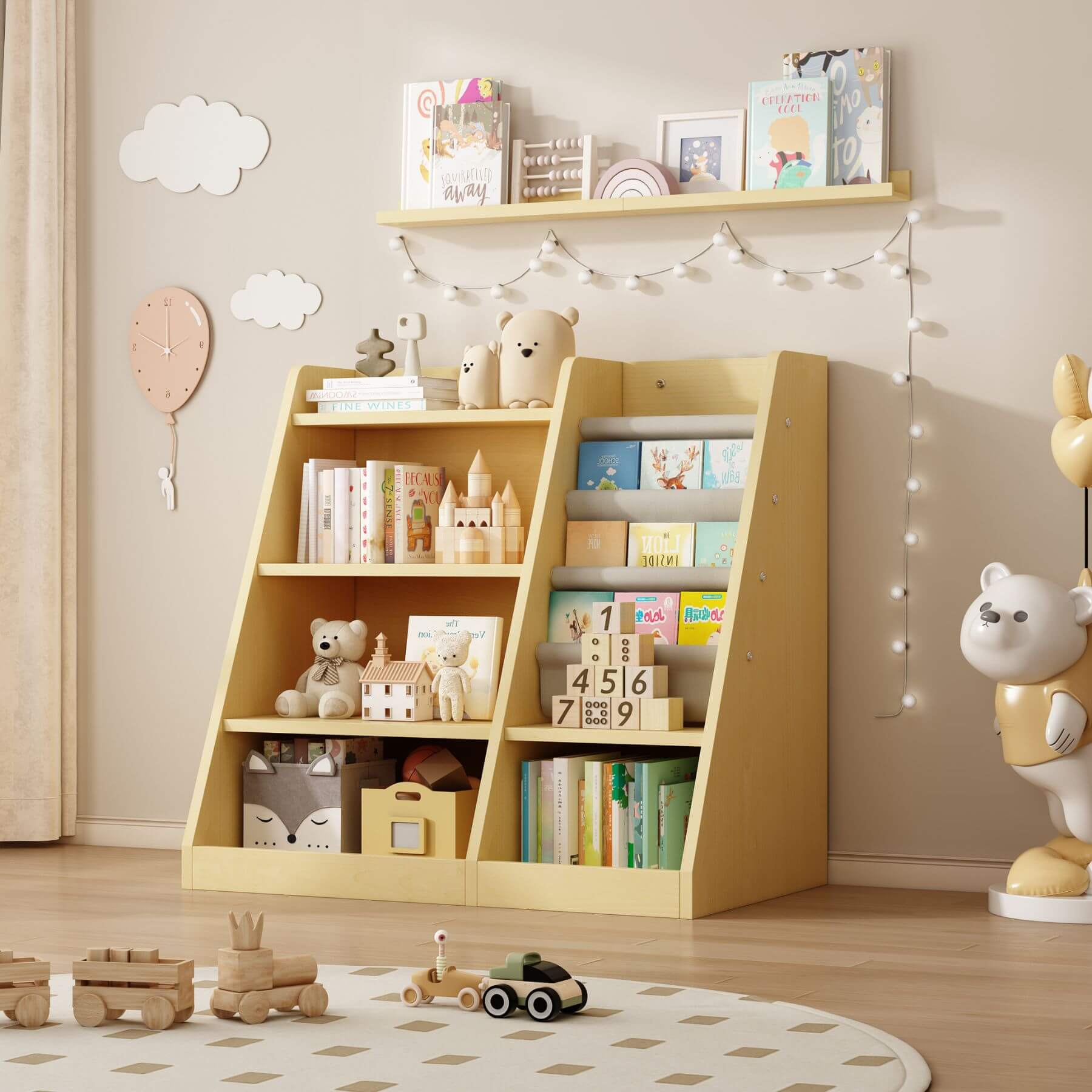 MO IM Toy Storage Organizer Kids Bookshelf - Wooden with toys and books in a room with decorative elements.