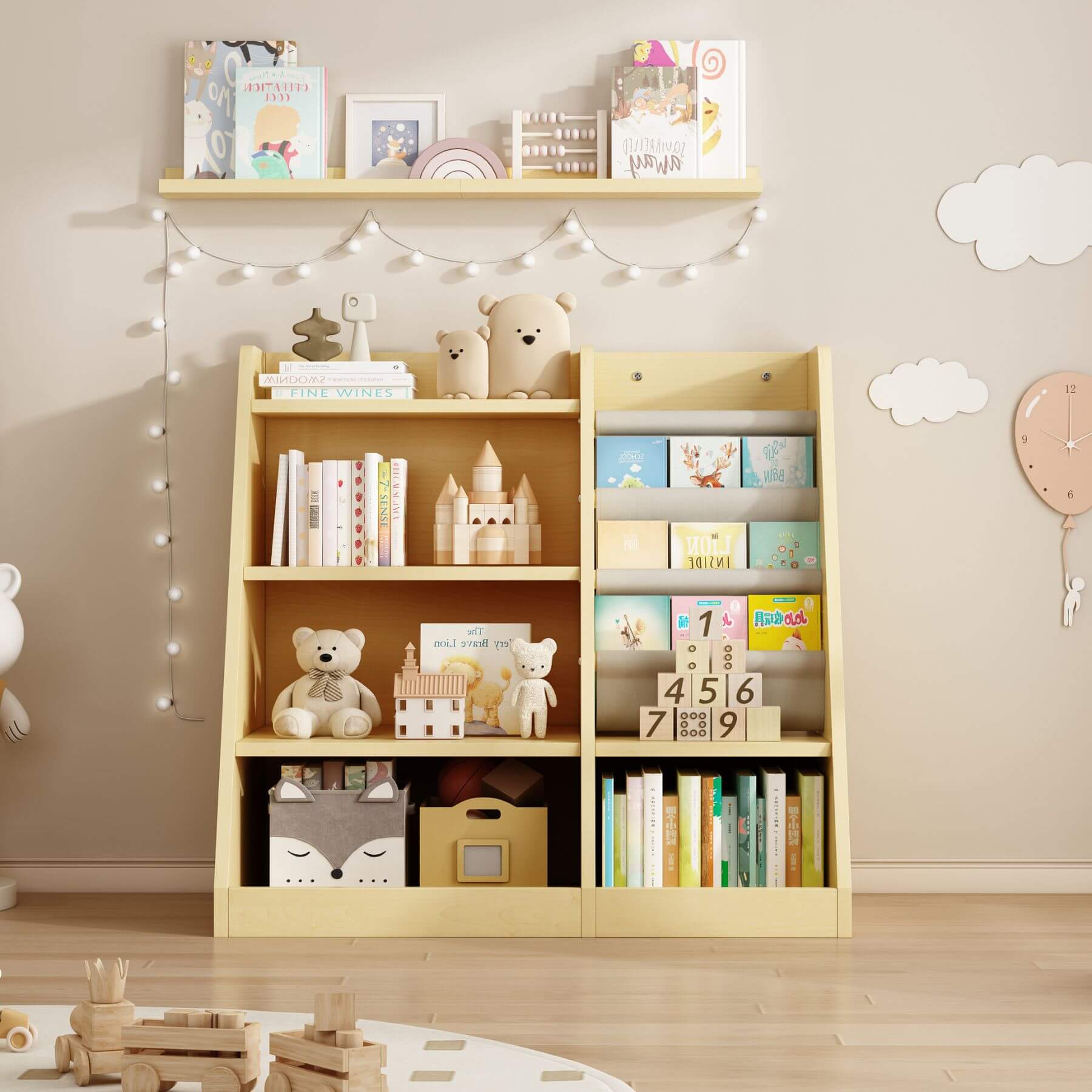 MO IM Toy Storage Organizer Kids Bookshelf - Wooden with toys and books in a child's room