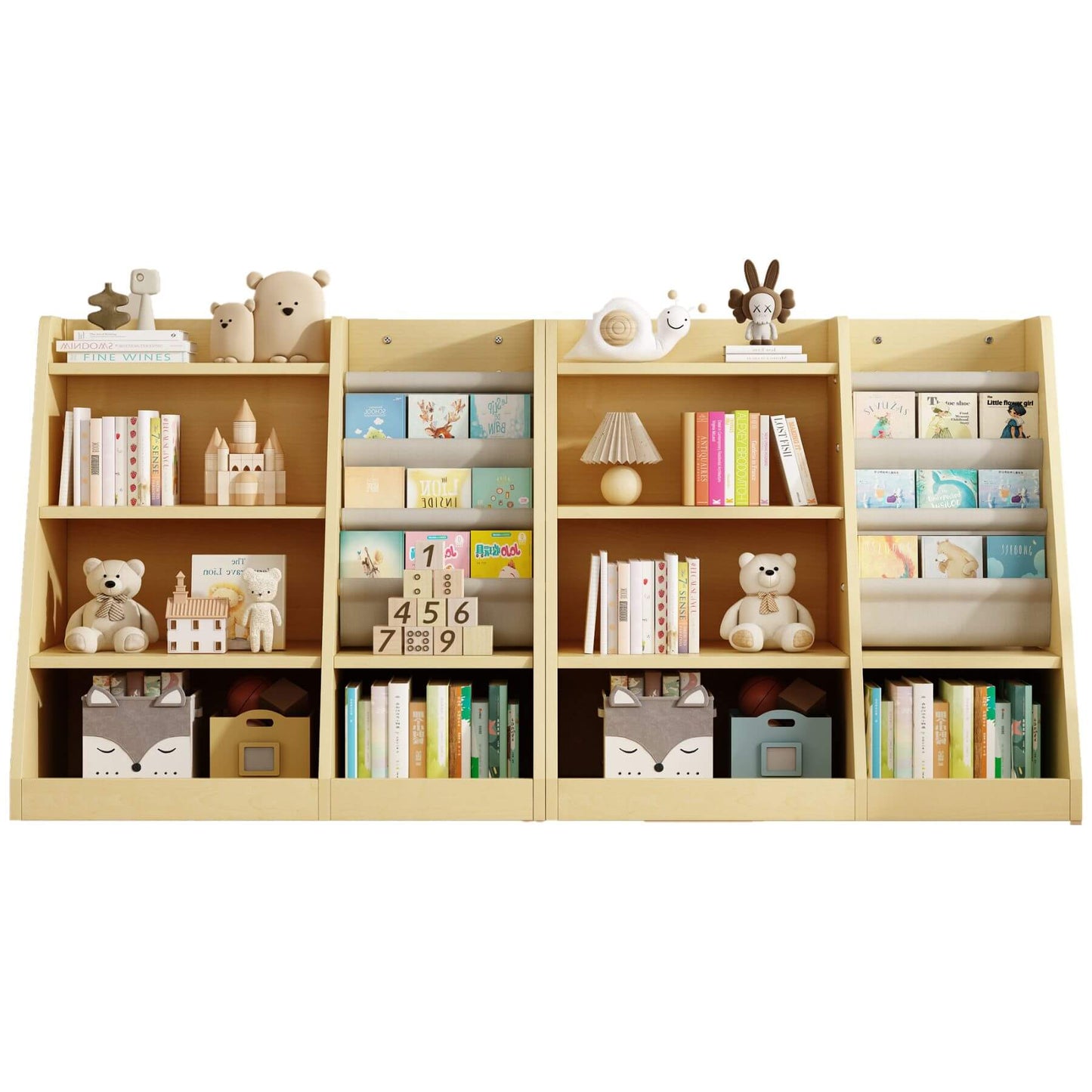 2 MO IM Toy Storage Organizer Kids Bookshelf - Wooden with toys and books on a white background