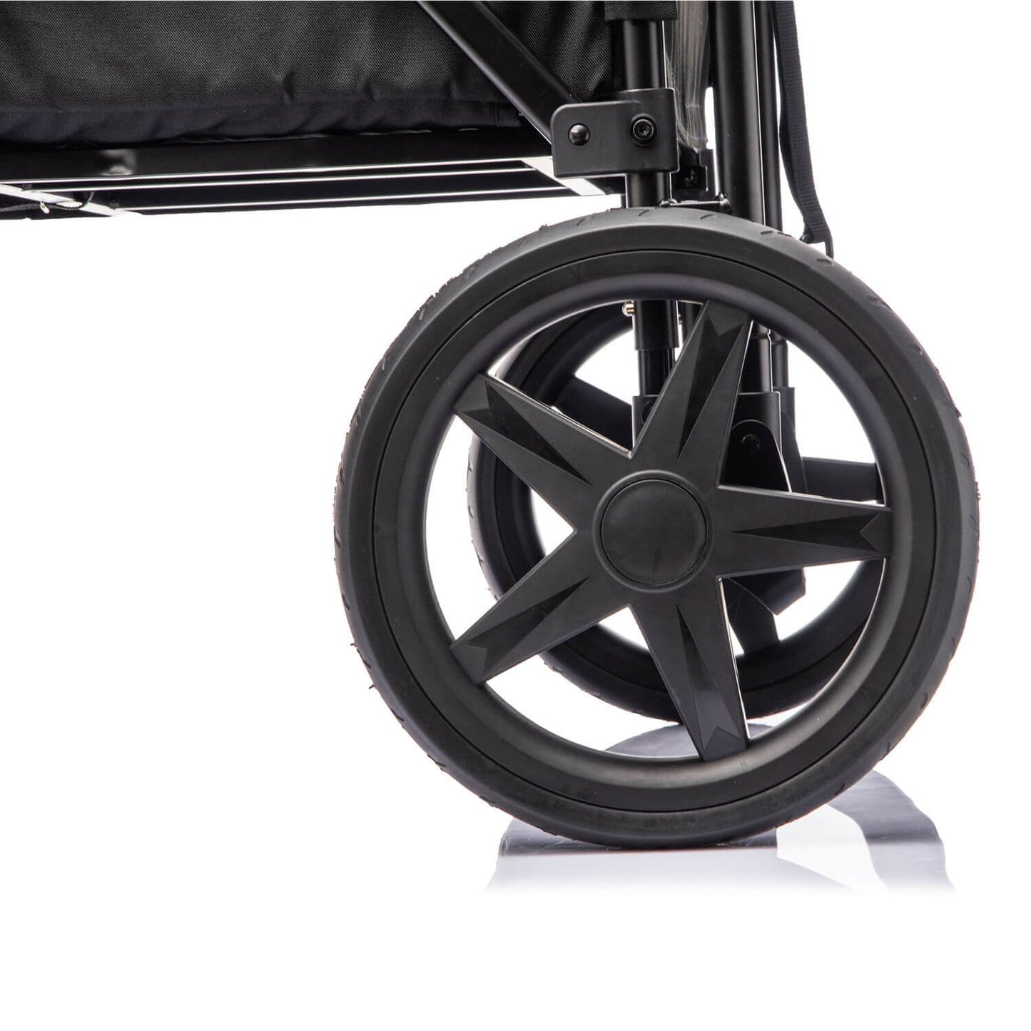 Close-up of a black stroller wheel