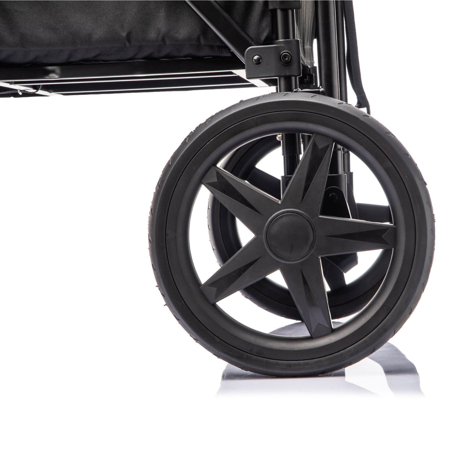 Close-up of a black stroller wheel