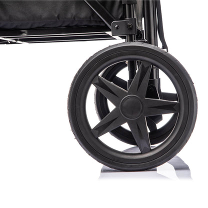 Close-up of a black stroller wheel