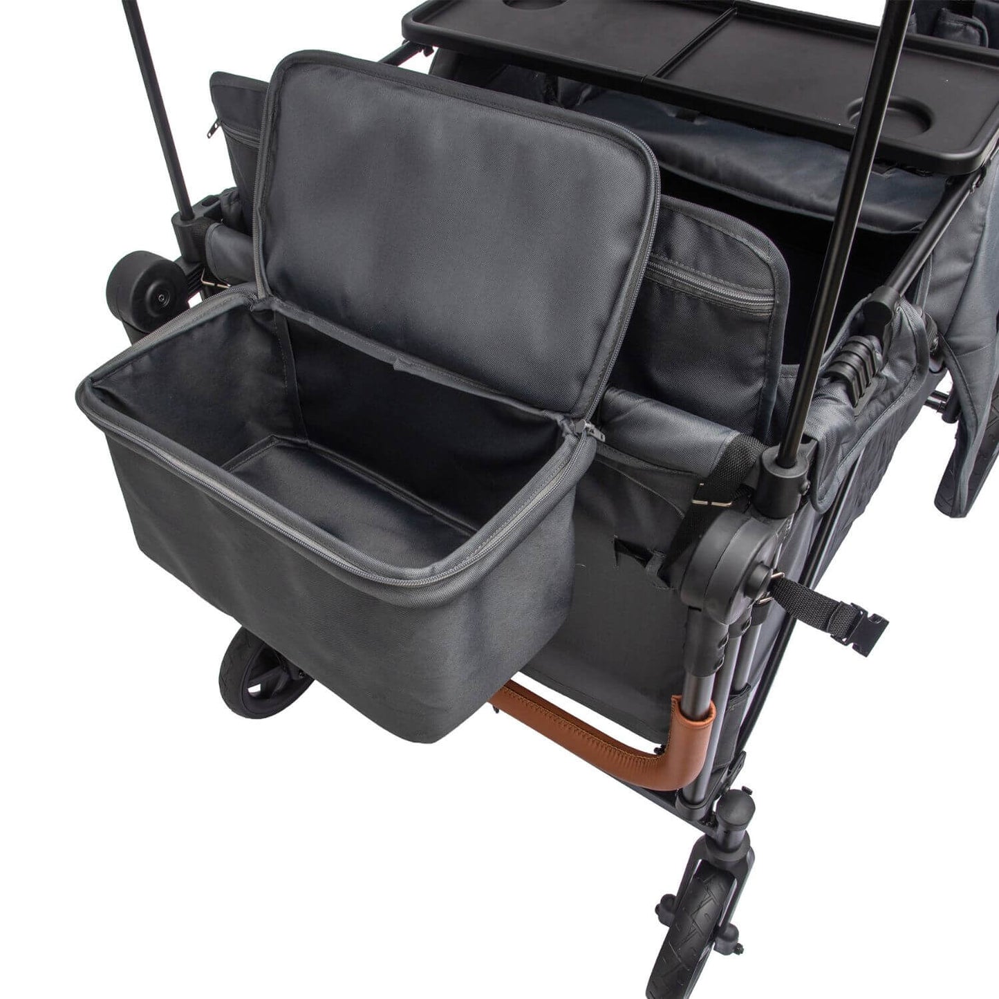 A close-up of a black stroller or pram accessory organizer bag with its front storage basket open, attached to the side of a stroller frame on a white background.