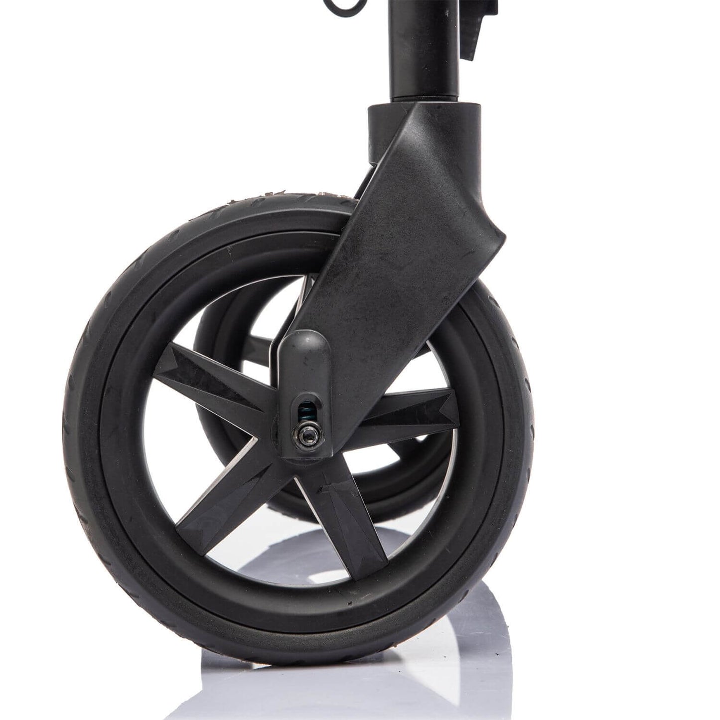 Close-up of a black stroller wheel and front frame on a clean white background.