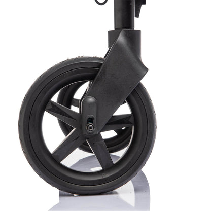 Close-up of a black stroller wheel and front frame on a clean white background.