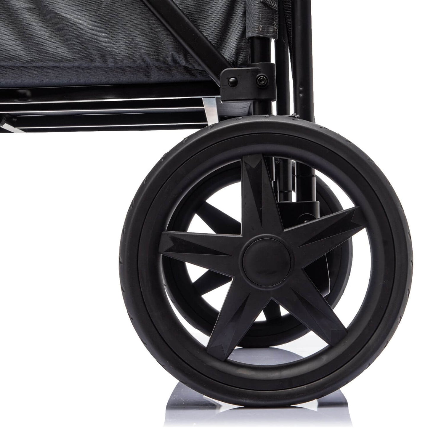 Close-up of a black stroller wheel and frame on a clean white background.