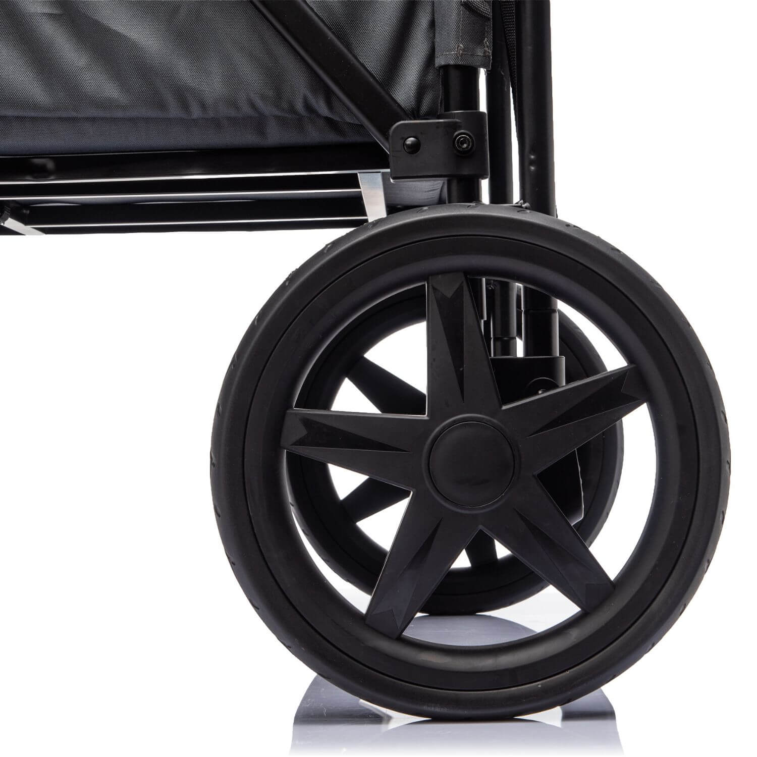 Close-up of a black stroller wheel and frame on a clean white background.