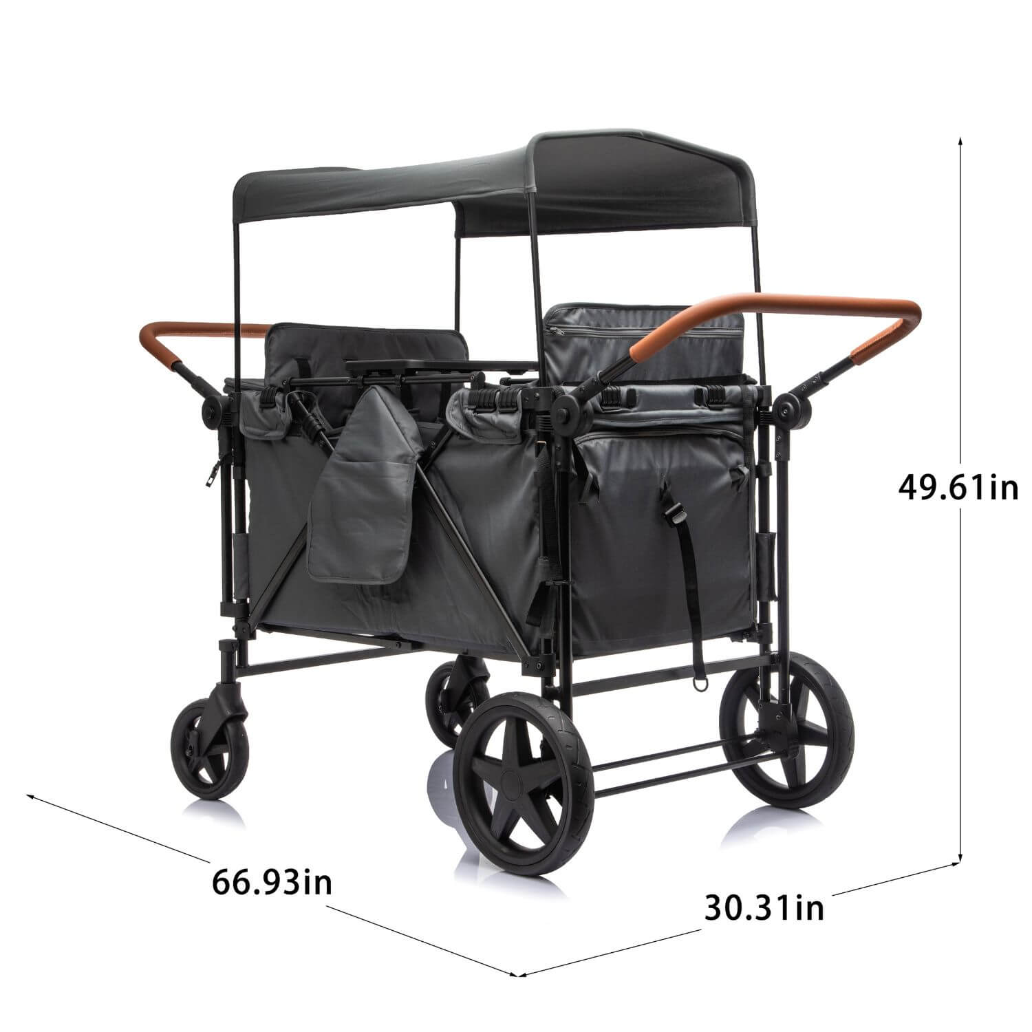 ToyRides Elite Wagon Stroller with 4-Seater - Gray, shown with dimension lines and measurements indicating 66.93 inches width, 30.