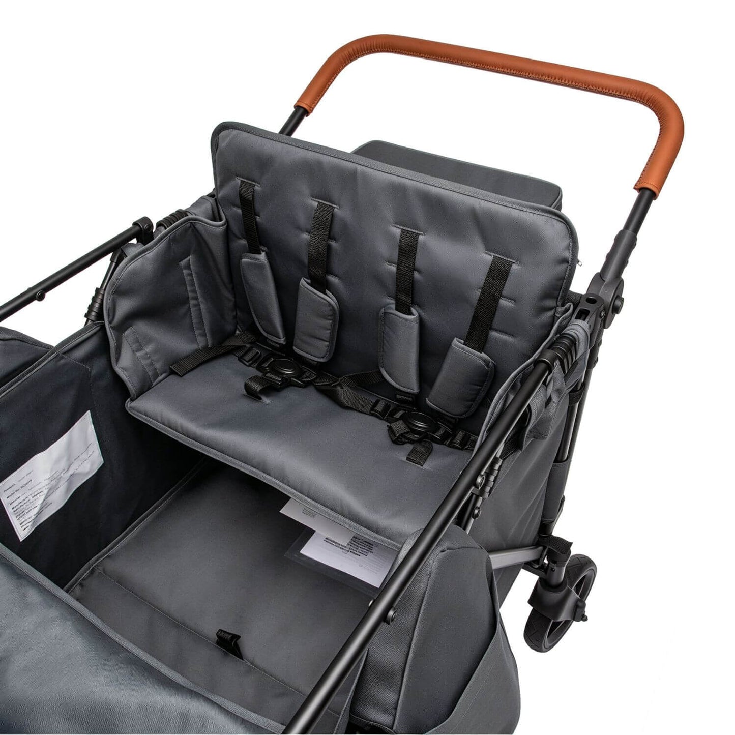 Close-up of a stroller seat liner with four adjustable padded inserts and black straps, attached to a black stroller frame with a brown handlebar, on a white background.
