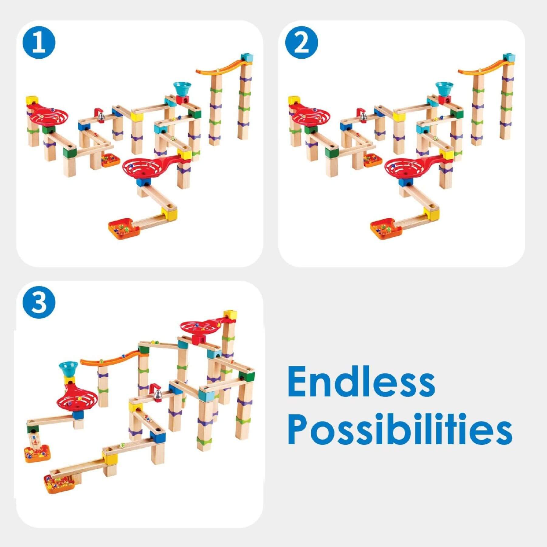 Marble run toy set with colorful tracks and components, showing 'Endless Possibilities' text.