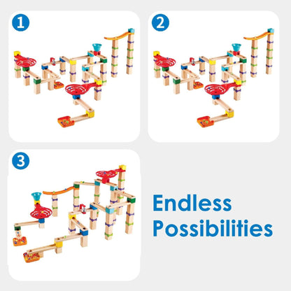 Marble run toy set with colorful tracks and components, showing 'Endless Possibilities' text.