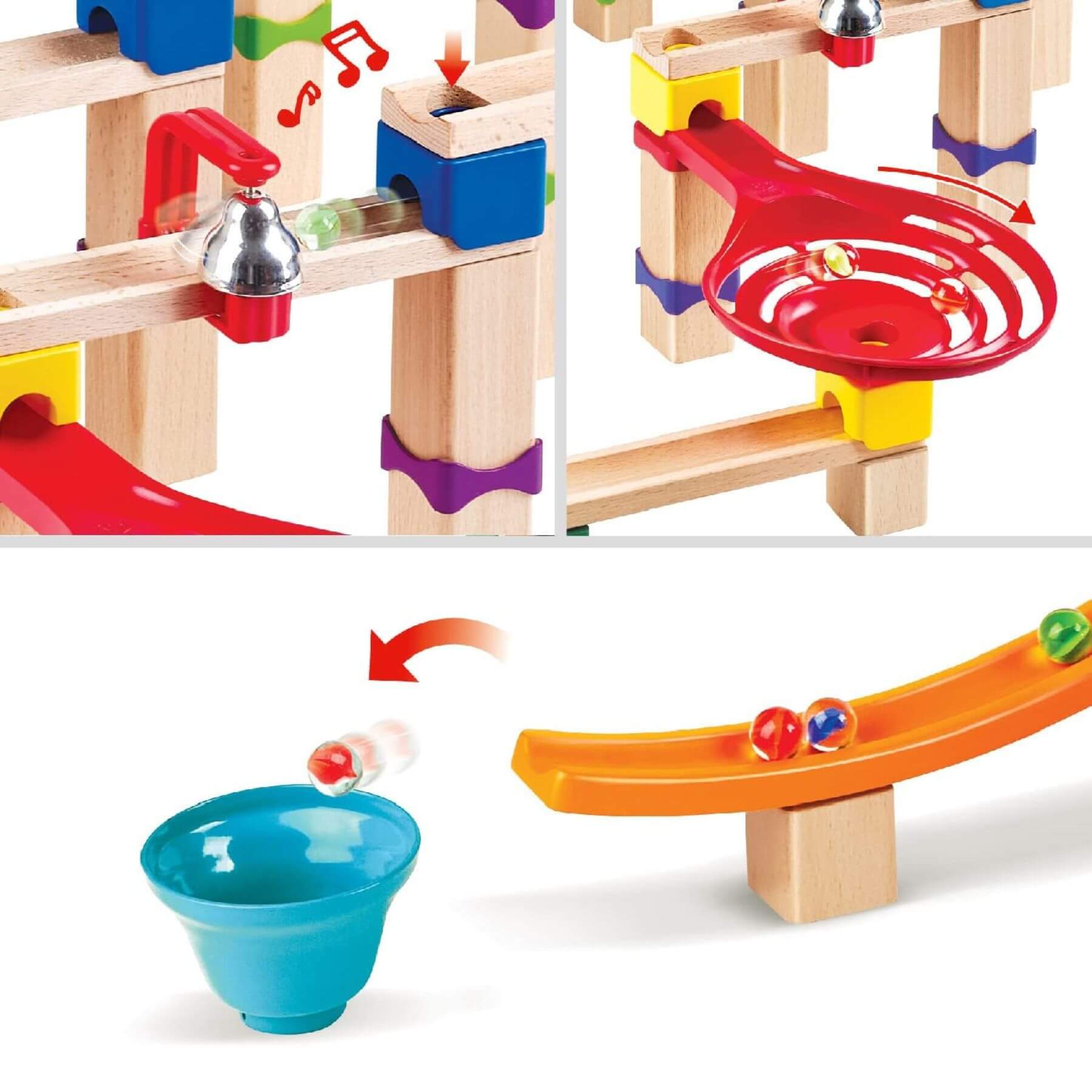 Colorful wooden marble run toy set with various tracks and obstacles on a white background.