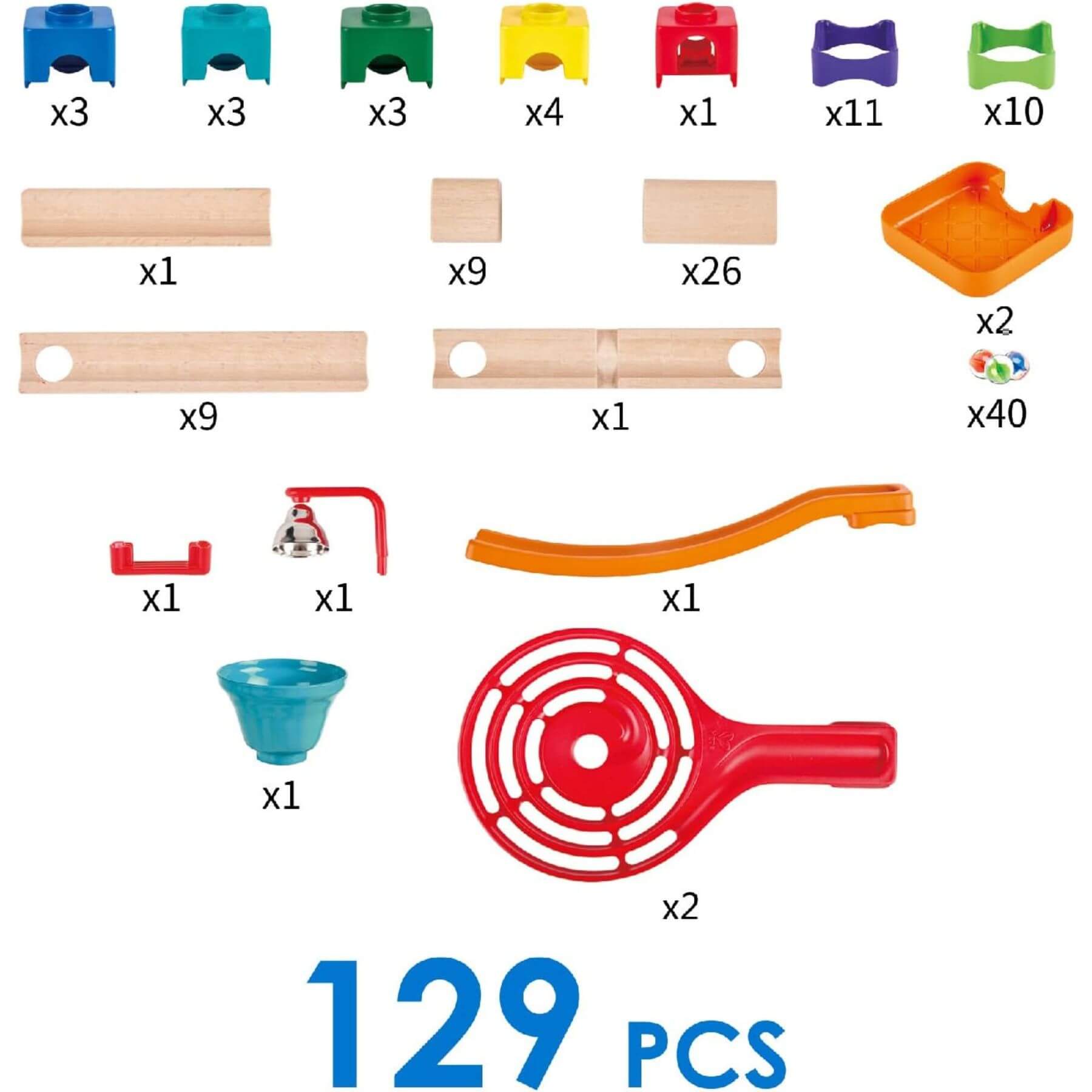 Set of toy marble track pieces with quantities on a white background