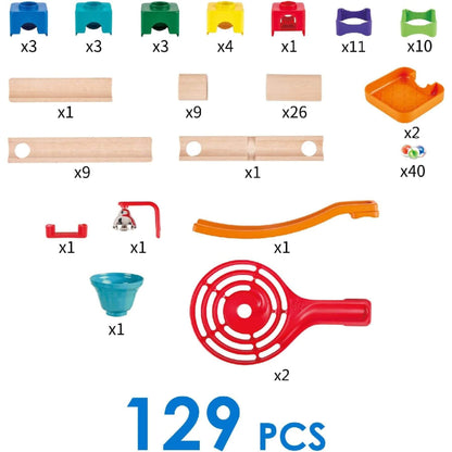 Set of toy marble track pieces with quantities on a white background