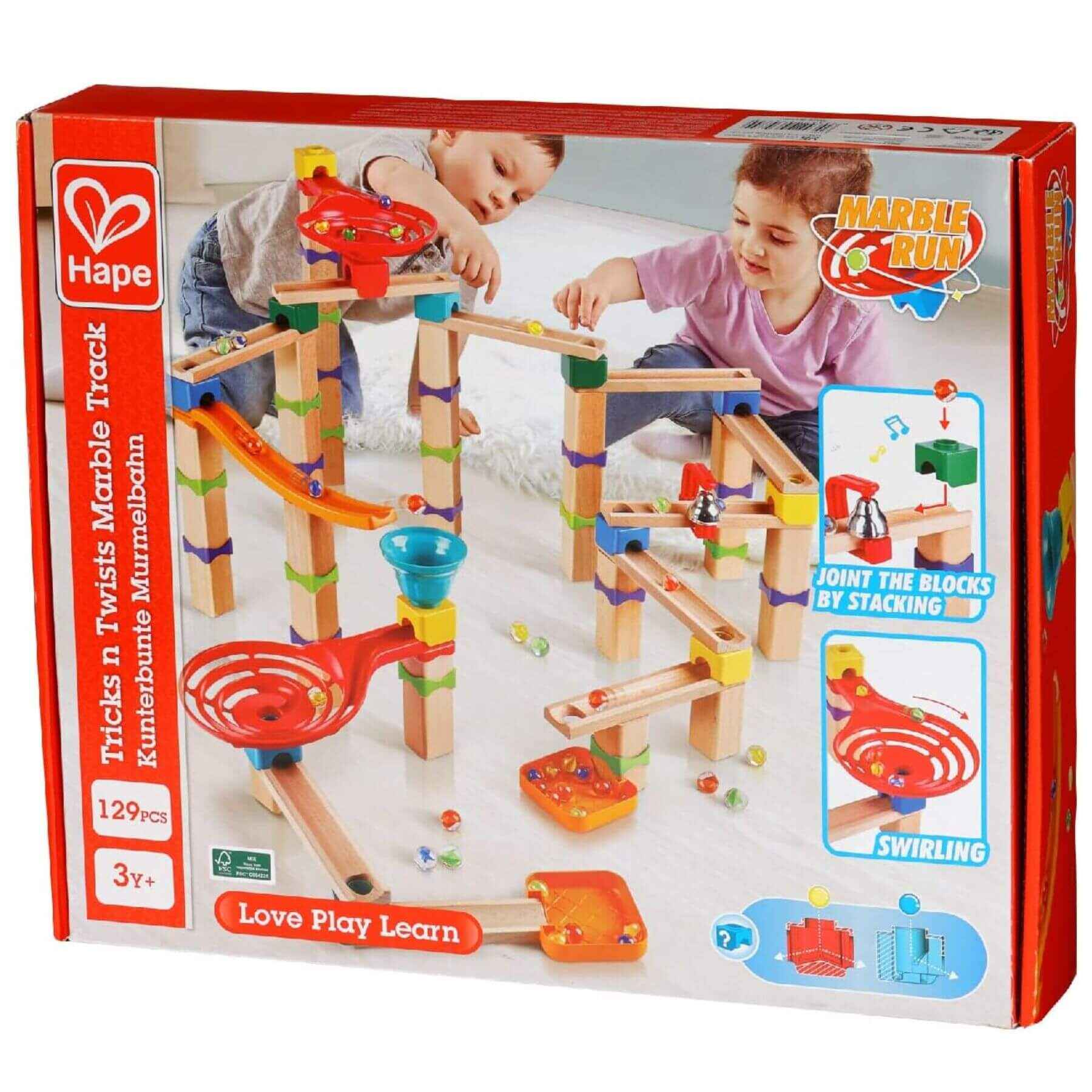 Marble run toy set packaging with children playing and product details.