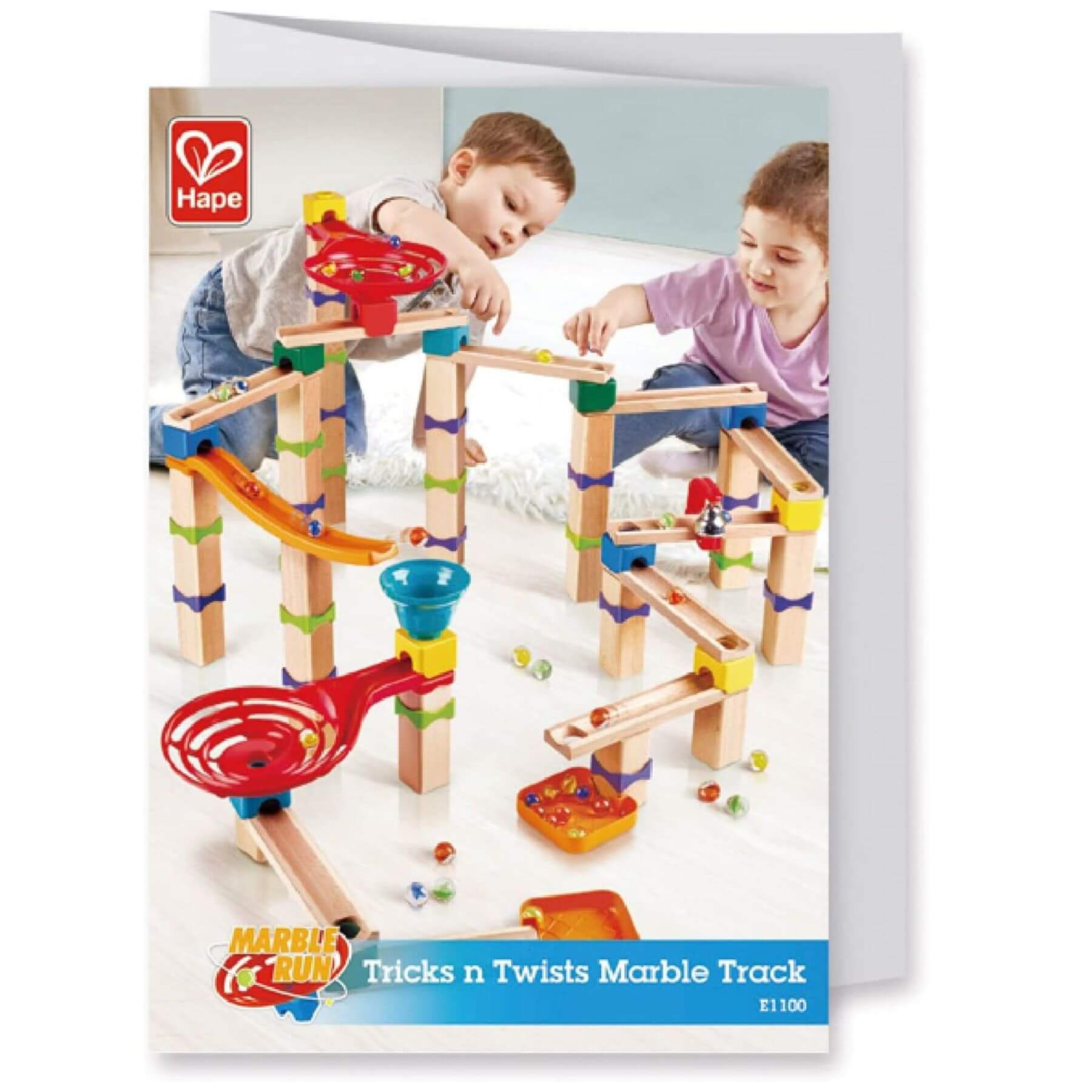 Marble run toy set with children playing on a Hape branded product packaging.