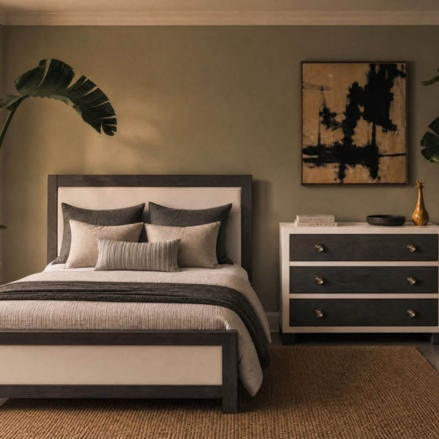 Modern bedroom with a bed, nightstand, and abstract wall art.