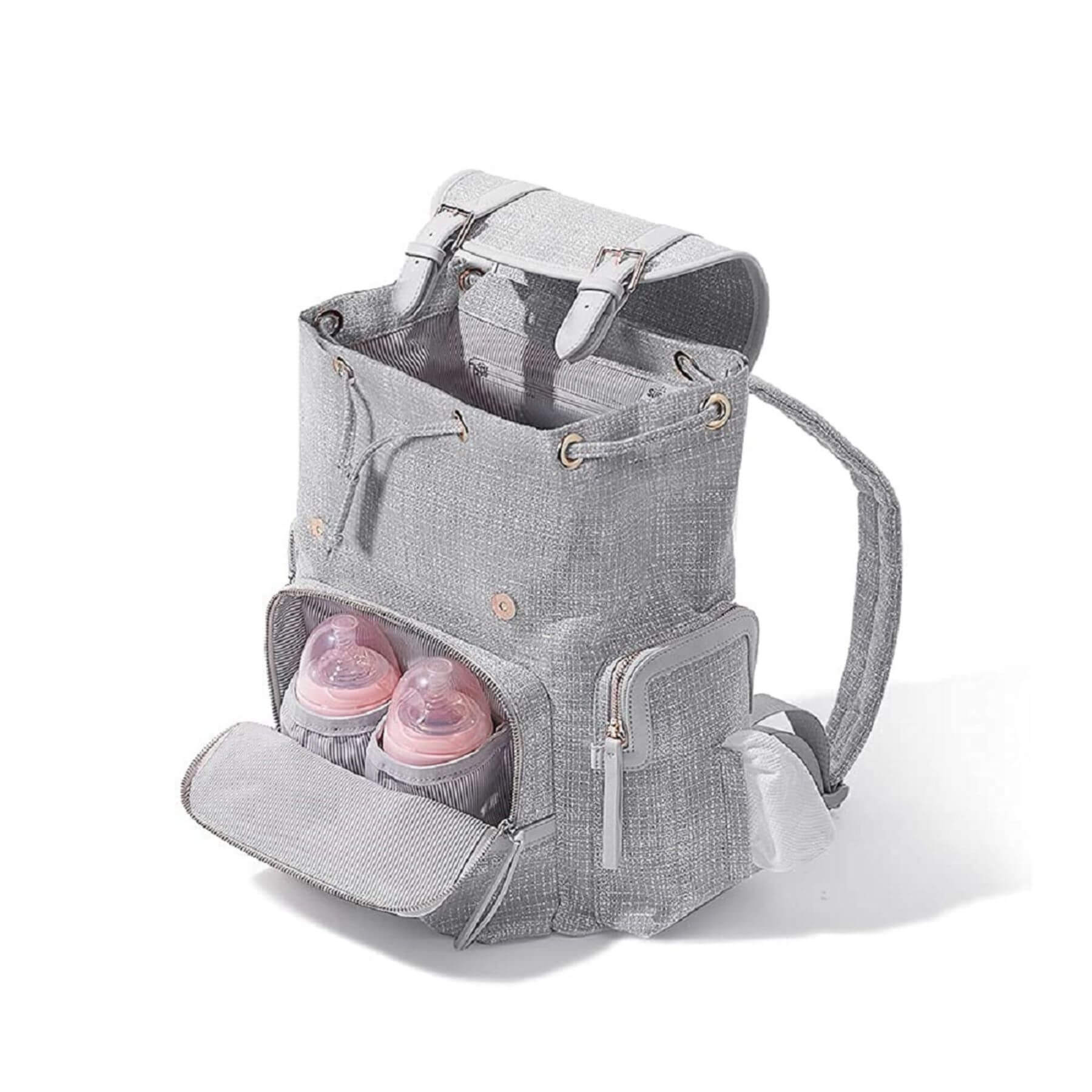 Sunveno Tweed Diaper Backpack Grey with baby bottles and accessories on a white background