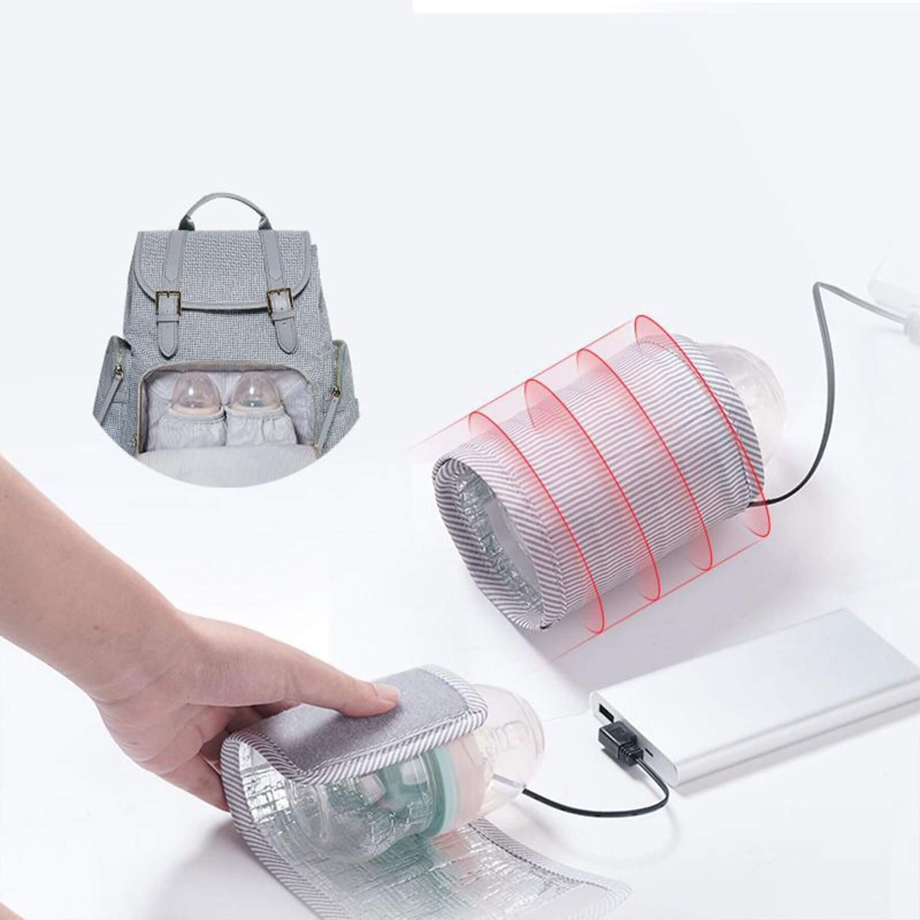 Sunveno Tweed Diaper Backpack Grey, and USB cable on a white background