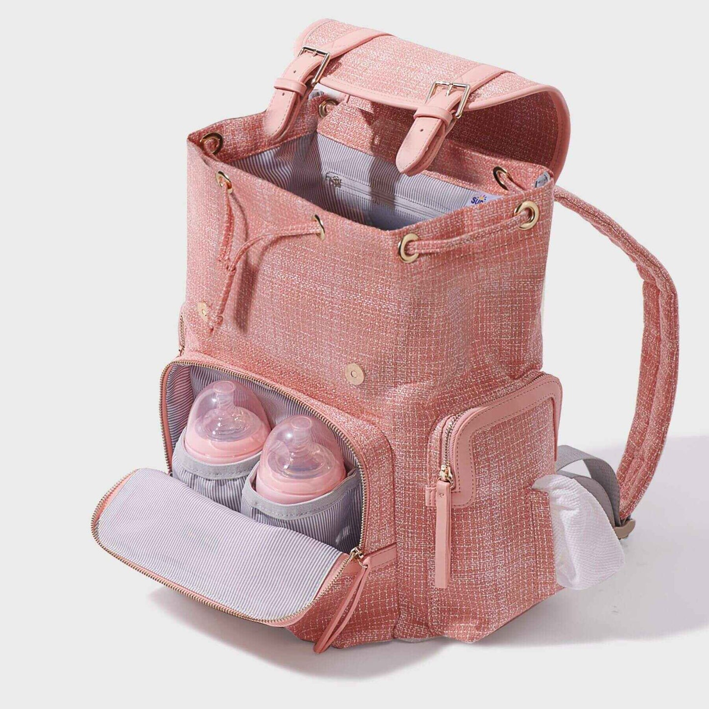 Sunveno Tweed Diaper Backpack Pink with compartments for bottles on a white background