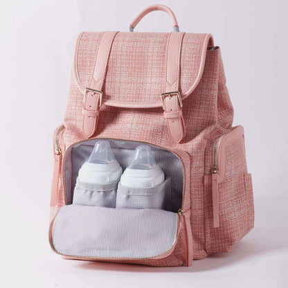 Sunveno Tweed Diaper Backpack Pink with bottles inside on a light gray background