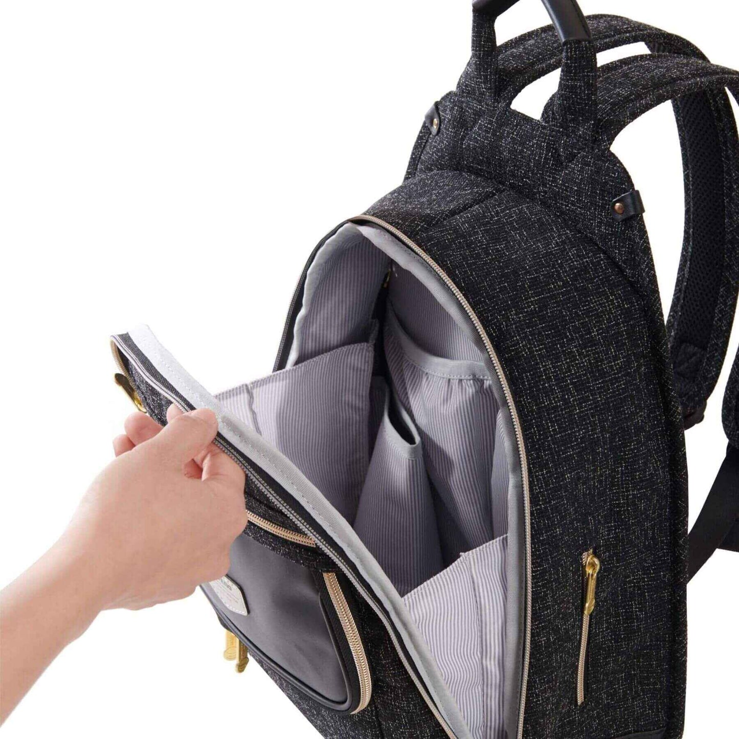 Person opening Sunveno Tweed Luxe Diaper Bag Backpack - Black