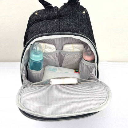 Sunveno Tweed Luxe Diaper Bag Backpack - Black with baby items organized inside