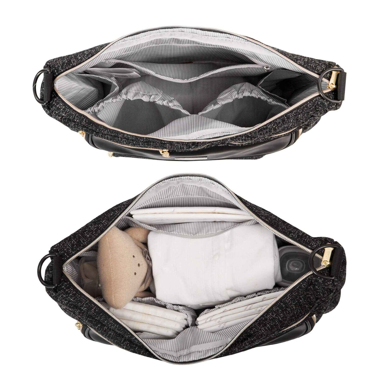 Tweed Luxe Stroller Organizer Black open to reveal baby items on a white background