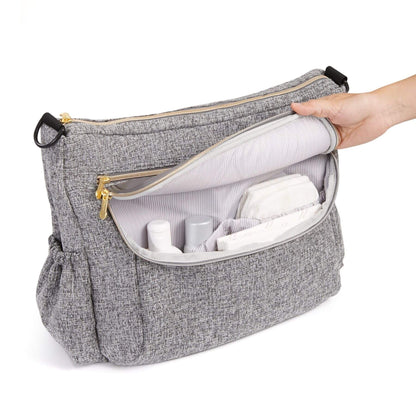 Tweed Luxe Stroller Organizer with items inside on a white background