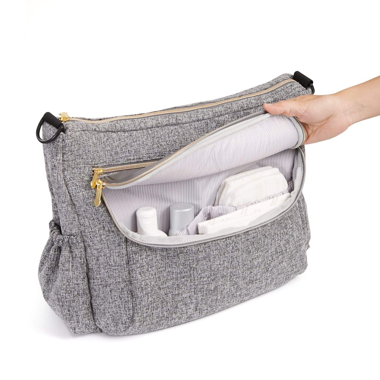 Tweed Luxe Stroller Organizer Grey with items inside on a white background